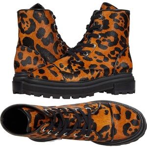 NWB Schutz Maylova Leopard-Print Calf Hair Leather Combat Boots - Size: 8.5